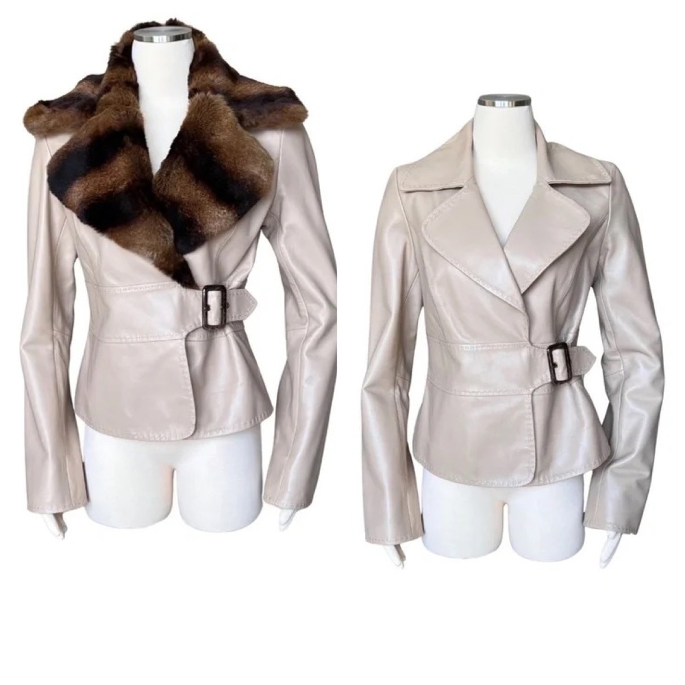 Cache Tan Leather Fitted Jacket W/Removable Fur Collar Size 10 NWT Rare Find!!